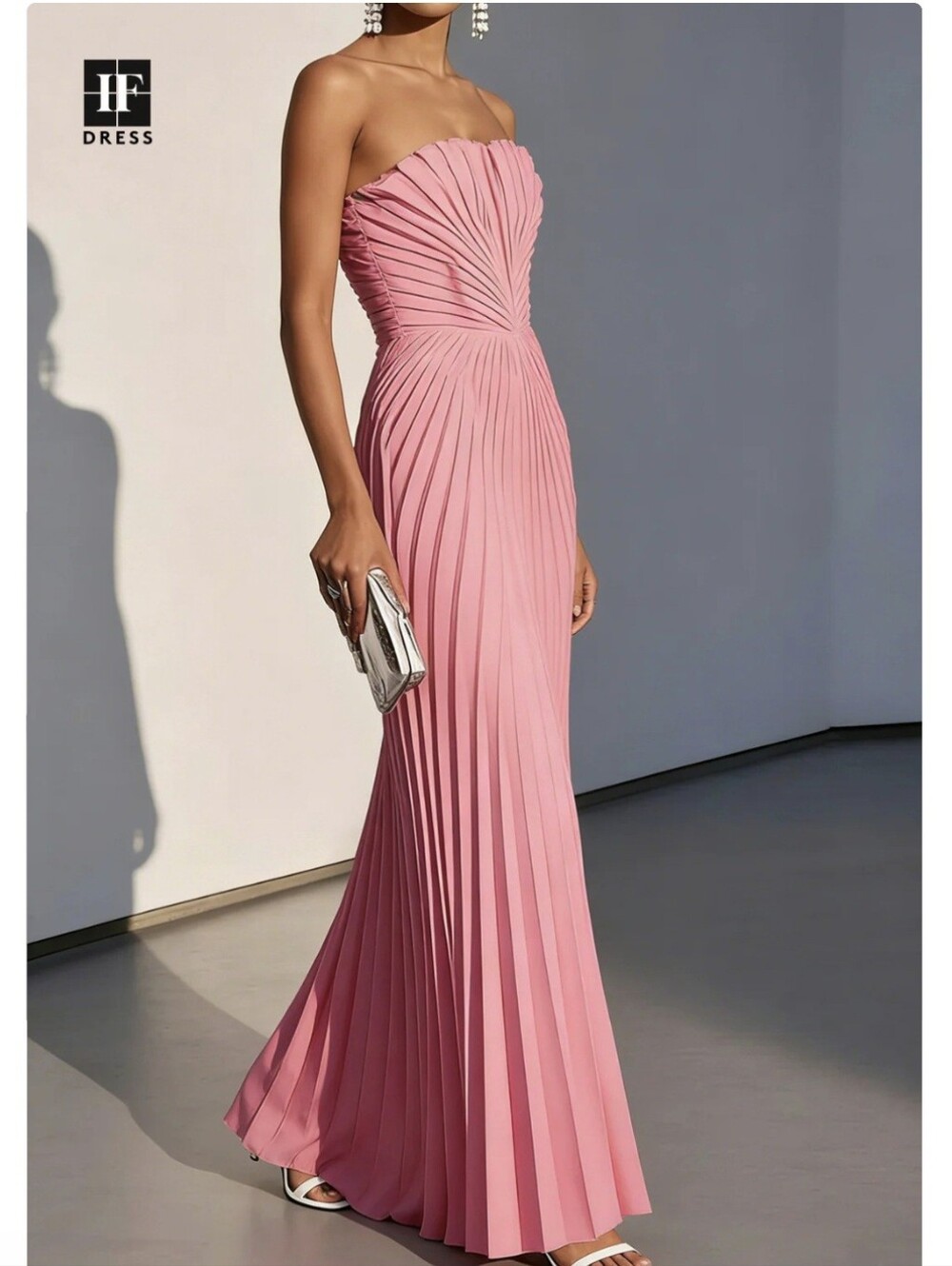 Sleeveless Pink Chiffon Pleated Maxi Mermaid Dress - Picture 6 of 6